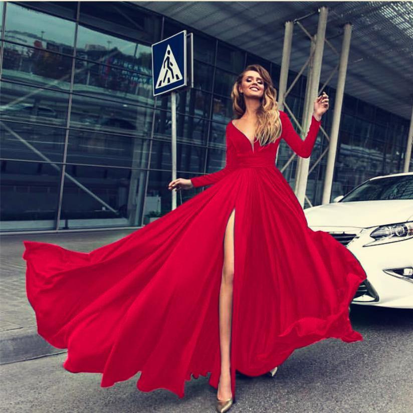 Sexy V-neck Long Sleeves Long Dresses-STYLEGOING