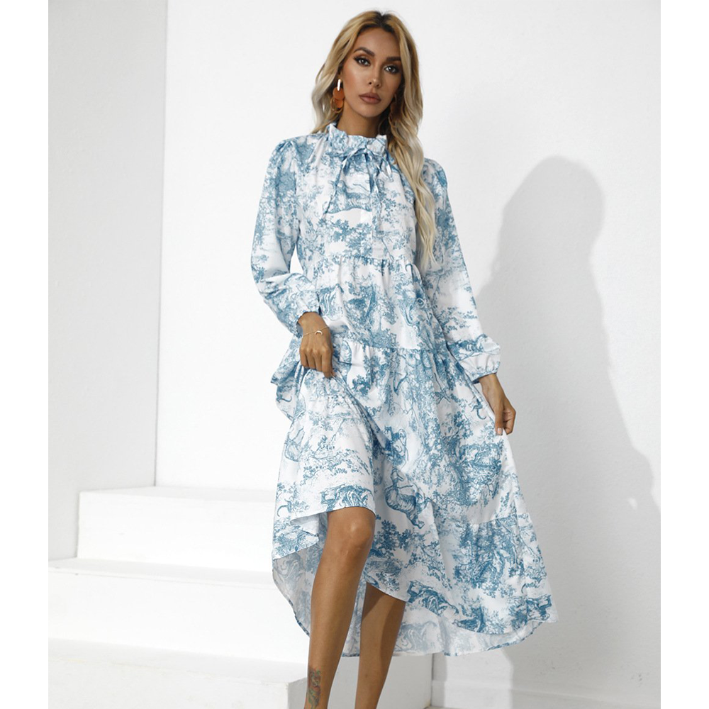 Women Round Neck Loose Fall Long Dresses-STYLEGOING