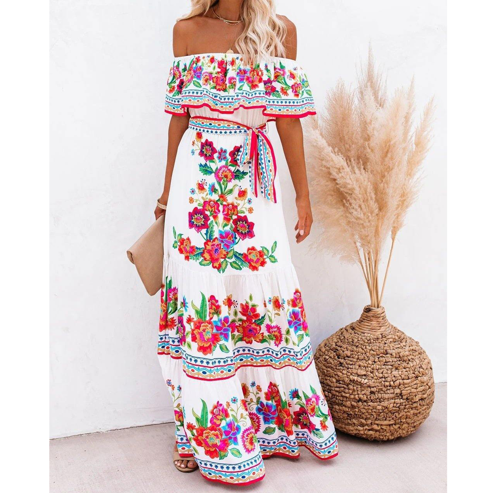 Summer Off The Shoudler Floral Print Long Dresses-STYLEGOING