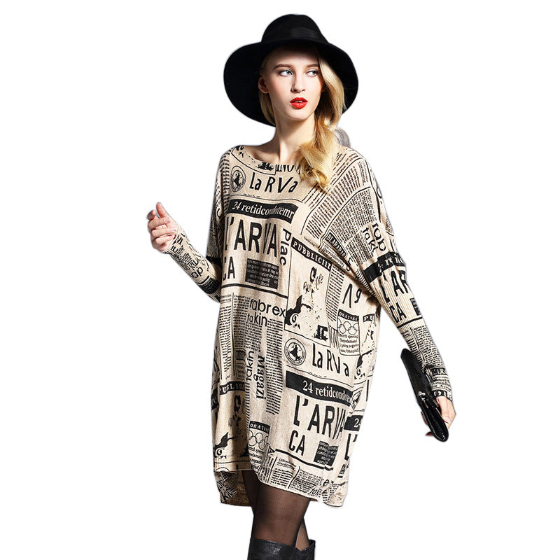 Women Newpaper Print Knitting Pullover Sweaters