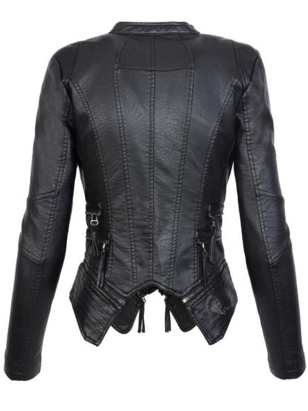 Women PU Leather Zipper Short Jacket Overcoat