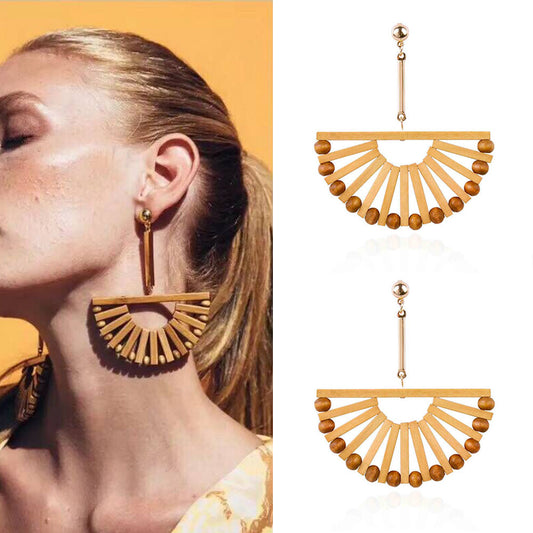 Vintage Fan Shaped Wooden Holiday Casual Earrings for Women