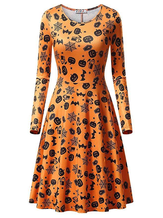 Halloween Pumpkin Long Sleeves Dresses-STYLEGOING