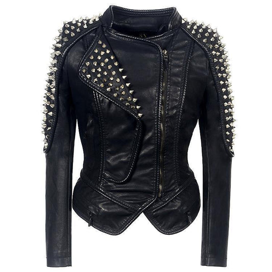 Black Punk Style Rivet Leather Jacket-STYLEGOING