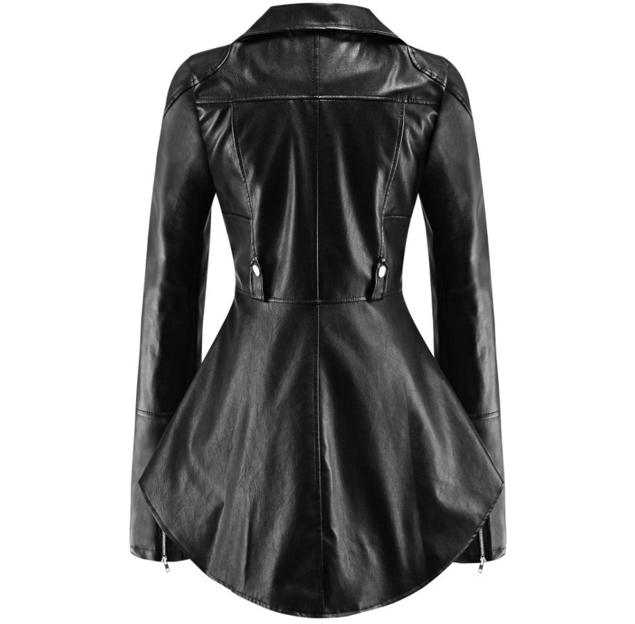 Women Black PU Leather Jacket Coat with Tail