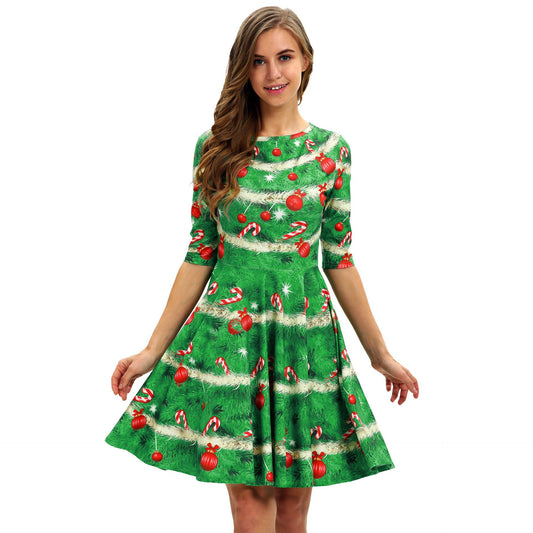 Merry Christmas Print Long Sleeves Fashion Dresses