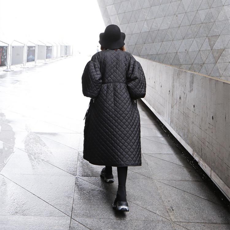 Black Women Puff Sleeves Rhombus Oversize Warm Winter Overcoat