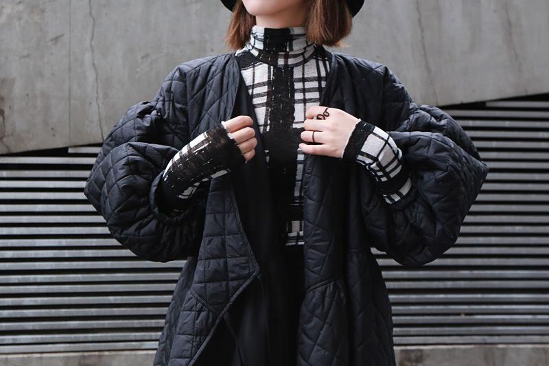Black Women Puff Sleeves Rhombus Oversize Warm Winter Overcoat
