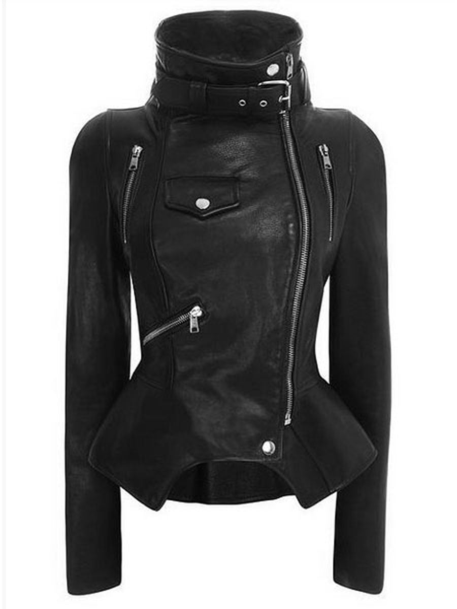 Women High Neck Zipper Short PU Leather Jacket – STYLEGOING