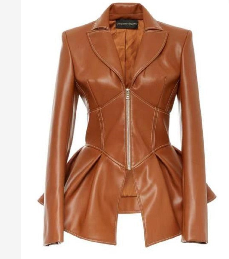 Women PU Leather Skirt Style Jacket Overcoat