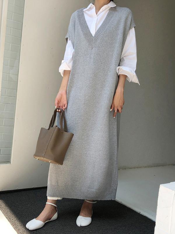 Knitting Loose V-Neck Sleeveless Long Dress-STYLEGOING