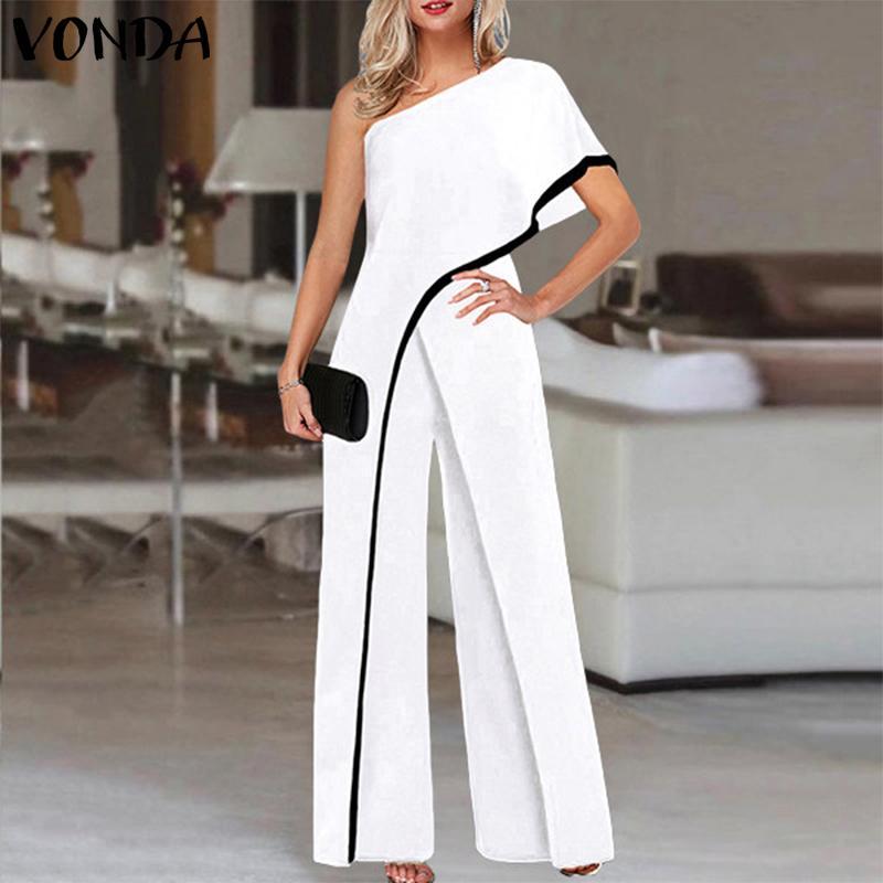 White Casual OL One Shoulder Overall Jumpsuits