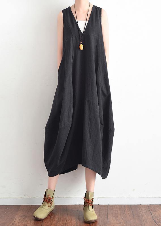 Black V-Neck Sleevless Summer Dress-STYLEGOING