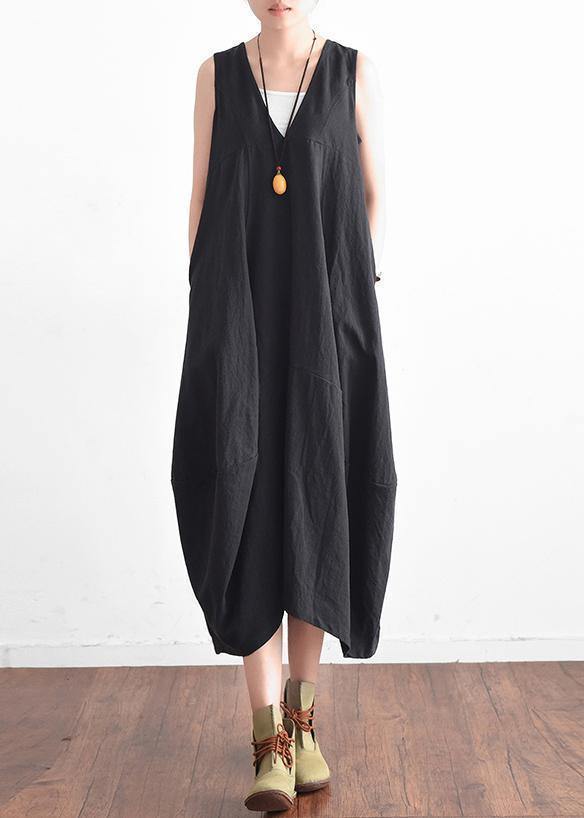 Black V-Neck Sleevless Summer Dress-STYLEGOING