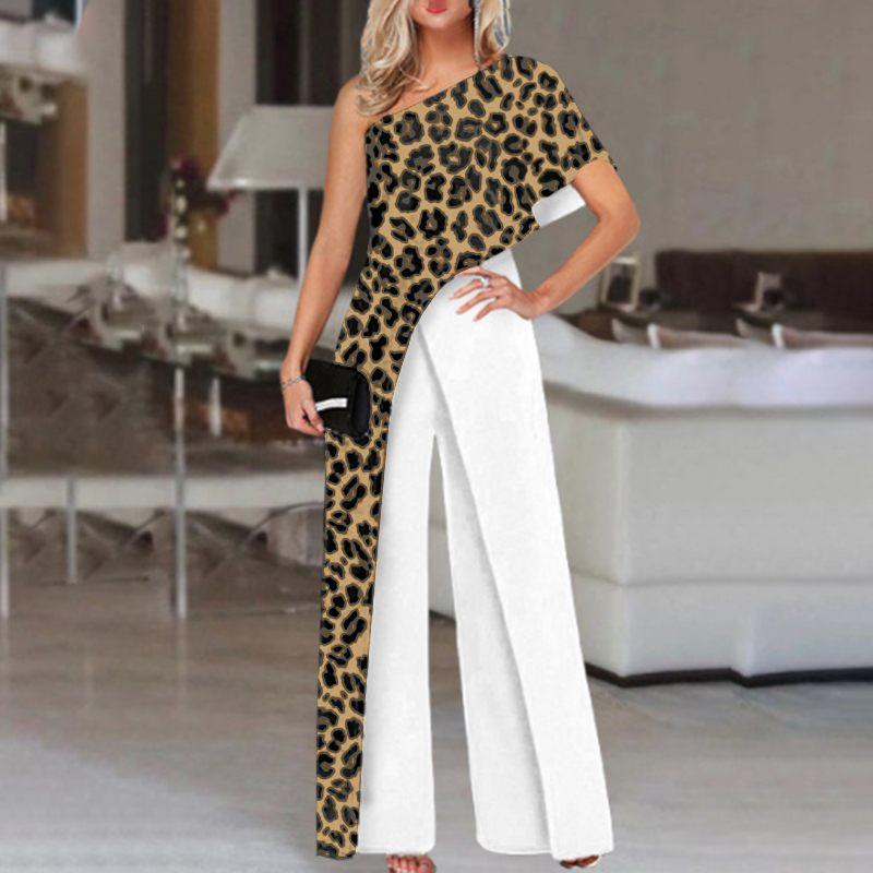 Sexy One Shoulder Leopard Print  Long Women Jumpsuits