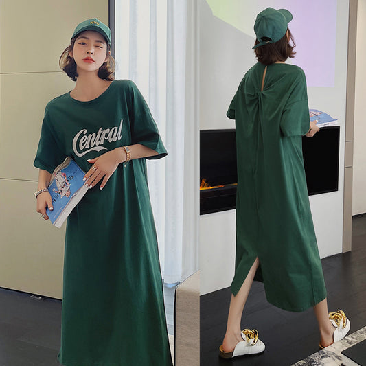 Summer Green Backless Short Sleeves Long T Shirts Dresses