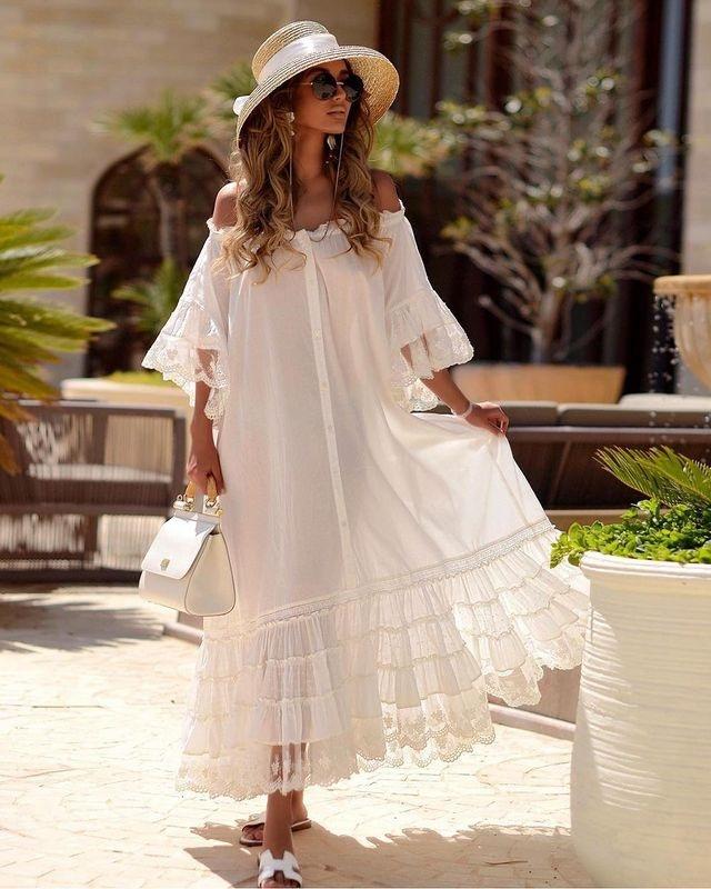 White Half Sleeves Off The Shoulder Long Dresses-STYLEGOING