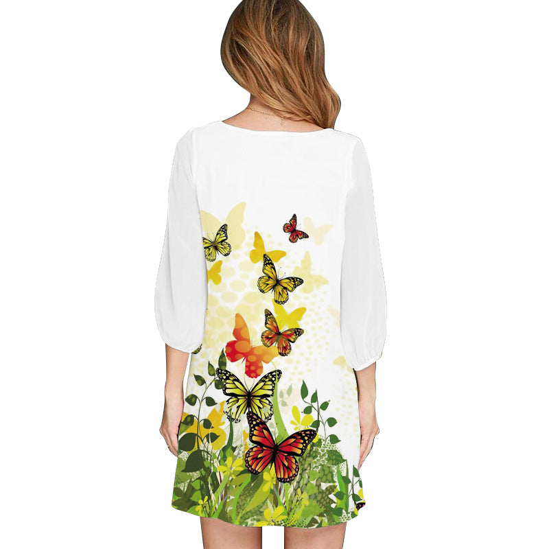 Summer Chiffon V Neck Butterfly Design Casual Dresses