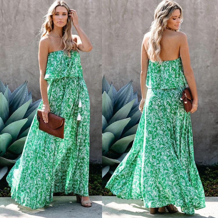 Green Leaf Print Strapless Ruffled Long Dresses-STYLEGOING