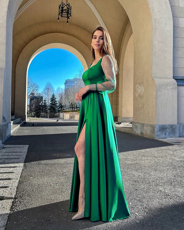 Round Neck Long Sleeves Green Party Dresses for Women