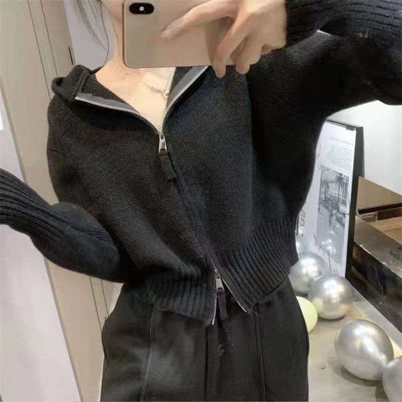 Casual Double Zippered Short Knitting Hoodies Sweaters
