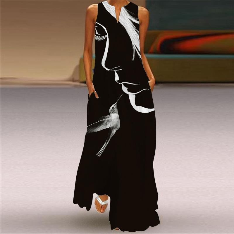 Fashion Women Face Print Loose Long Maxi Dresses-STYLEGOING