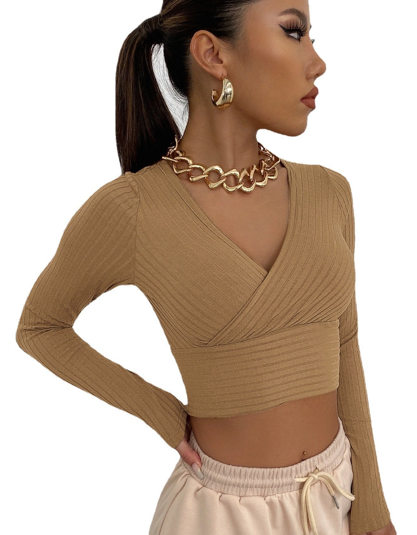 Sexy Deep V Neck Long Sleeves Women Short Tops--Free Shipping at meselling99