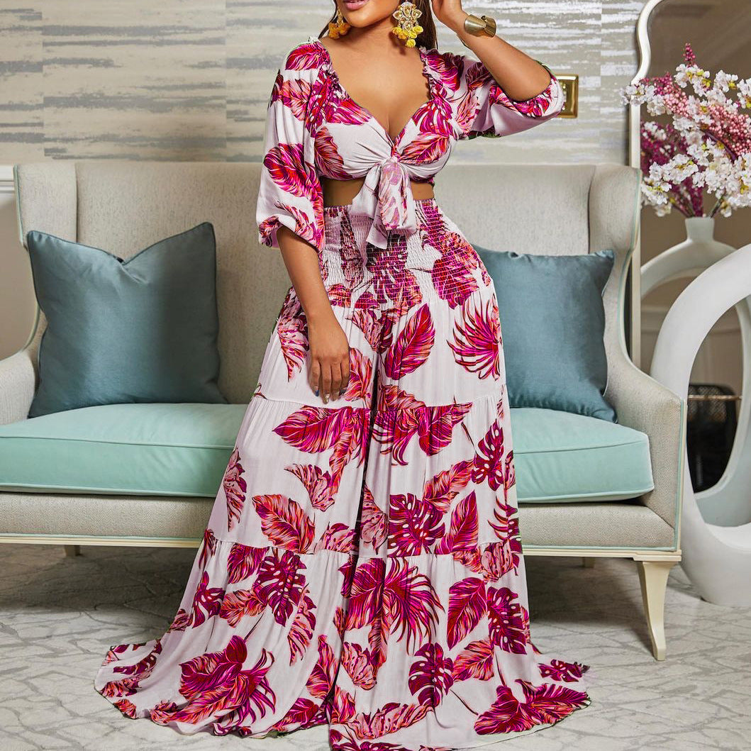 Casual Leaf Print Two Pieces Women Suits