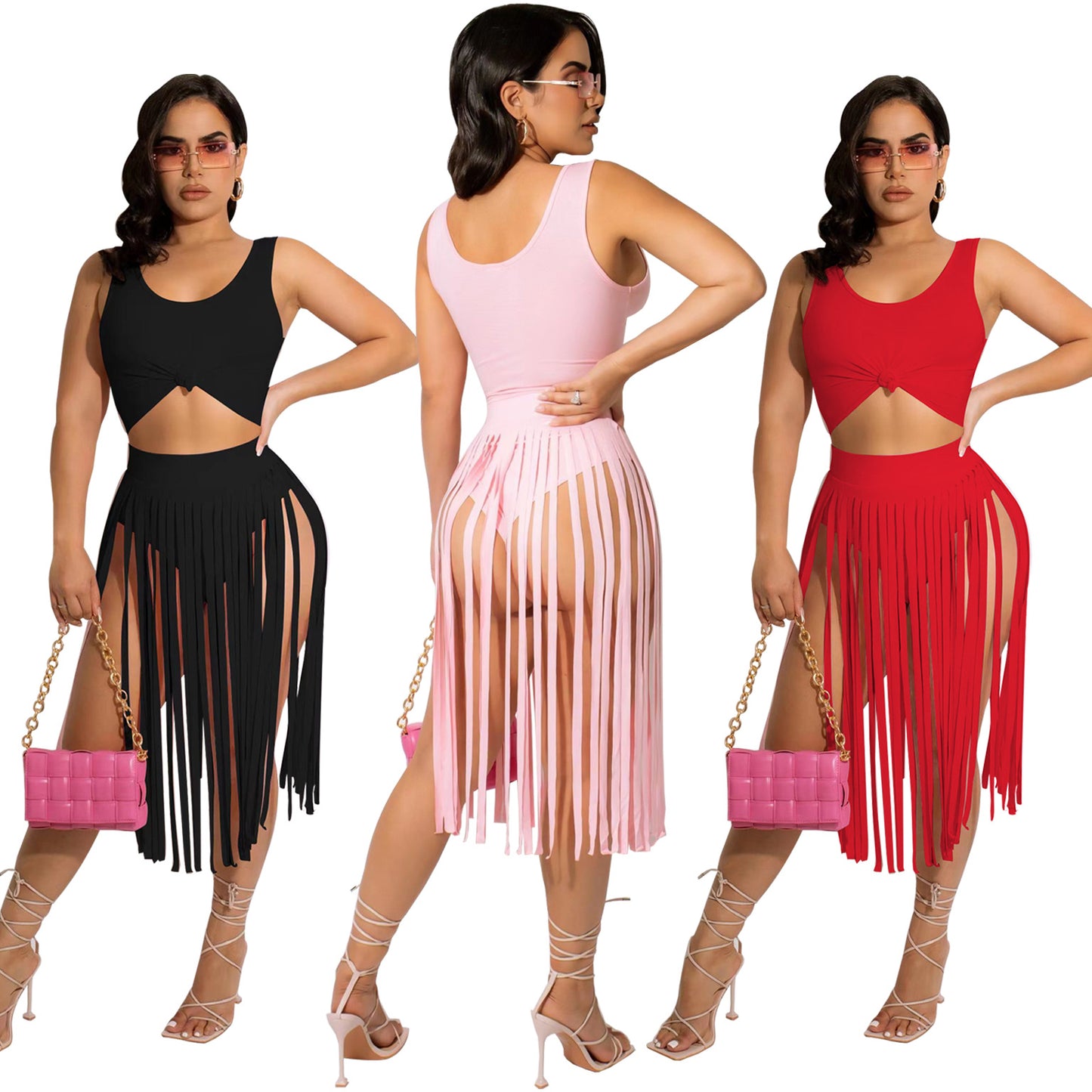 Sexy Tassels Two Pieces Tops and Skirts Set