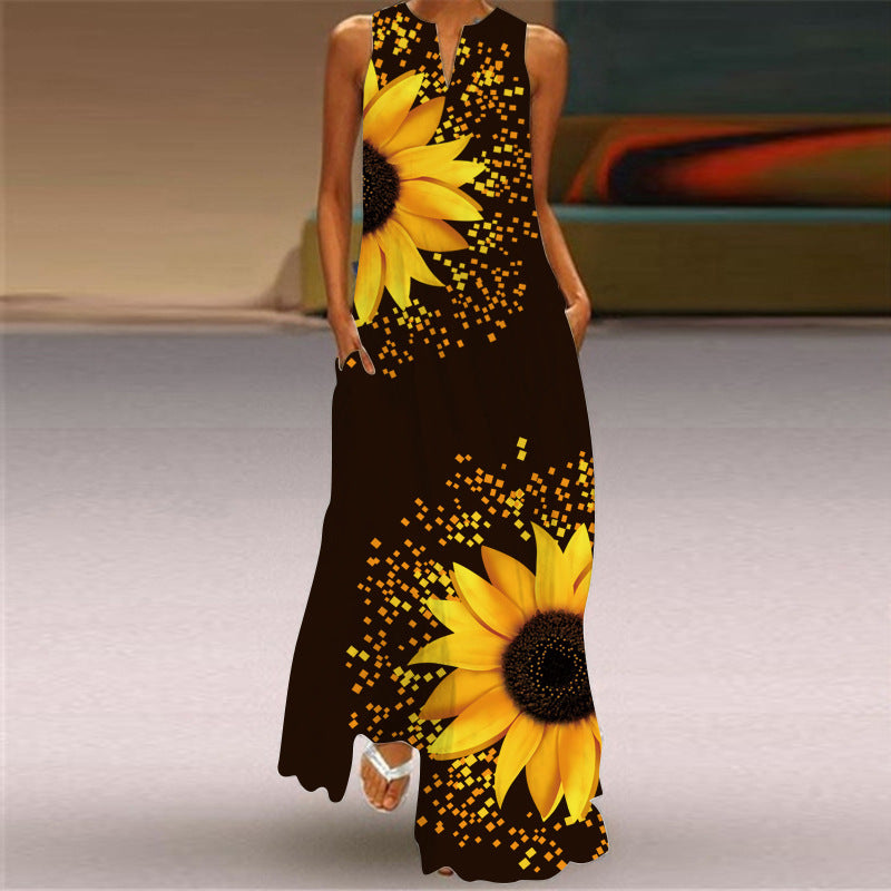 Summer Sunflower Boho Long Sleeveless Dresses