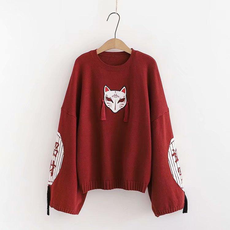 Wine Red Cute Knitting Fox Print Sweater