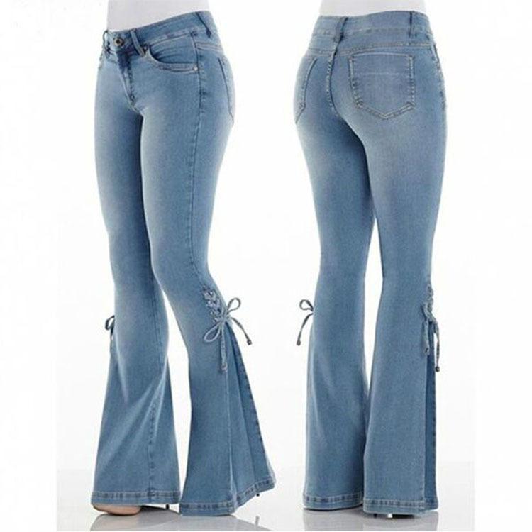 Casual Women Natural Waist Elastic Trumpet Denim Jeans-Light Blue-S-Free Shipping at meselling99