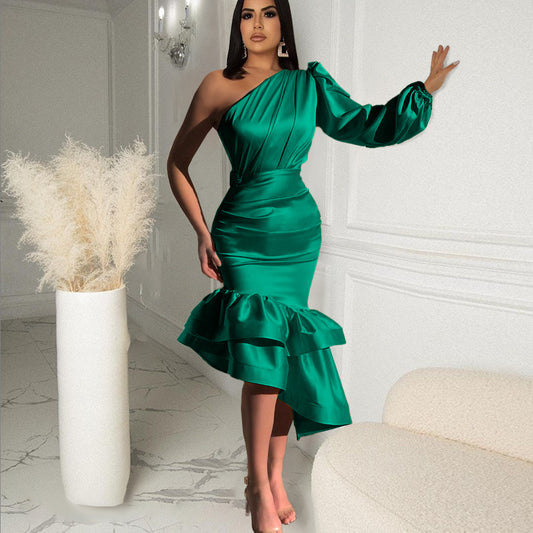 Designed One Shoulder Irregular Green Evening Party Dresses