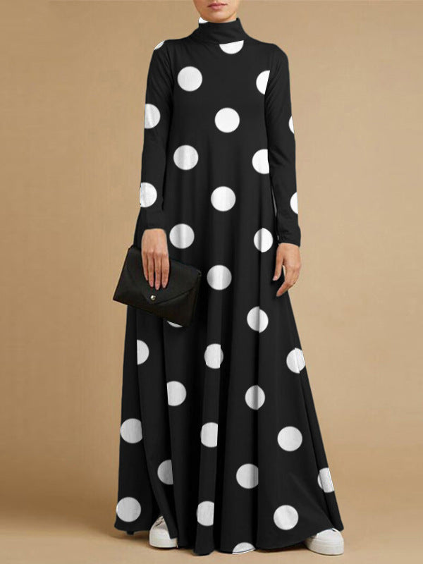 Leisure Polk Dot High Neck Long Sleeves Fall Dresses