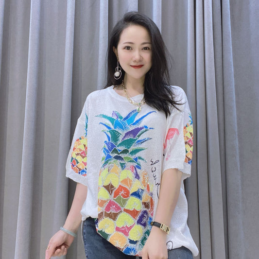 Summer Short Sleeves Diamond Pineapple Designed Knitting T Shirts