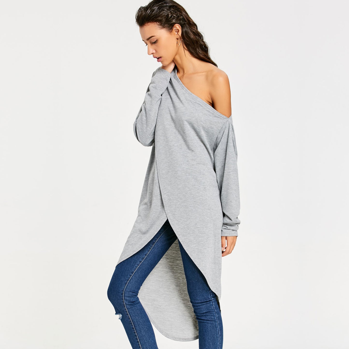 Casual Gray Irregular One Shoulder Long Sleeves Tops