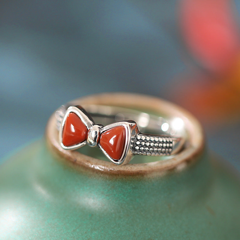 Bow Design Red Agate Sterling Silver Vintage Rings