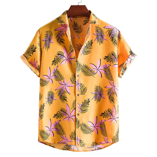 Yellow Floral Print Men's Short Sleeves Shirts