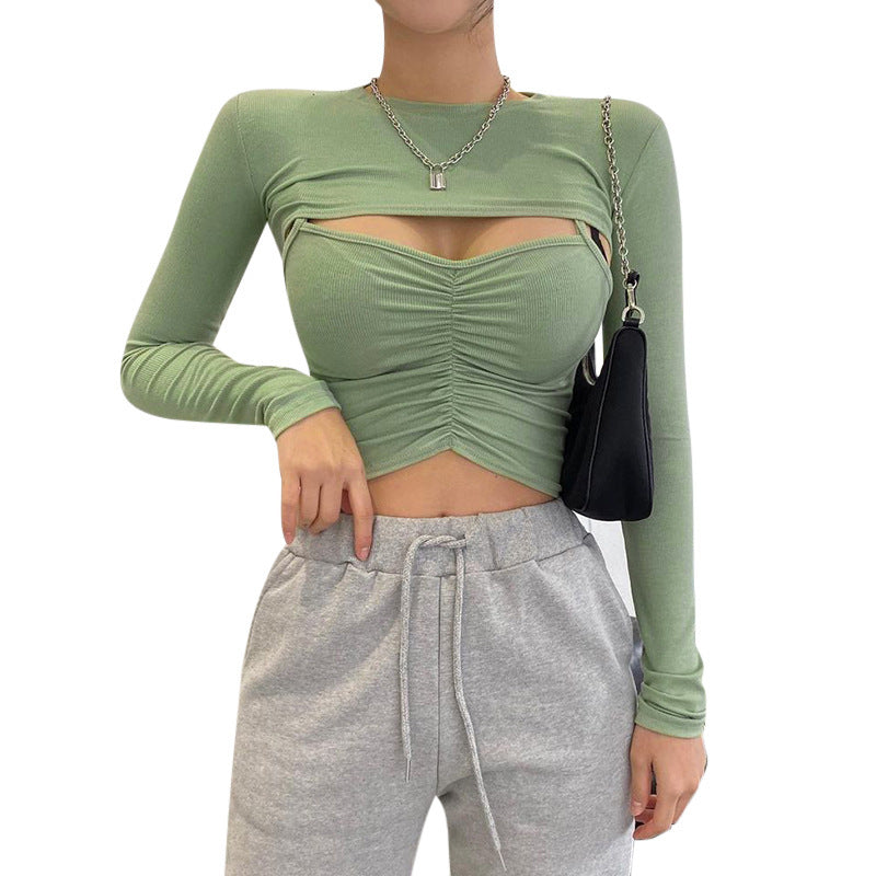 Sexy Designed Midriff Baring Long Sleeves Cover and Crop Top Sets