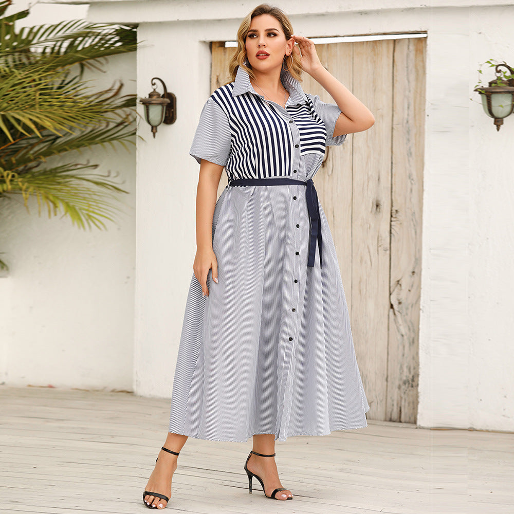 Summer Striped Short Sleeves Plus Sizes Women Shirts Dresses