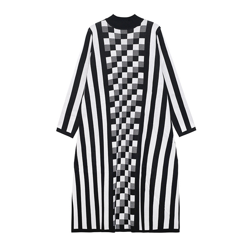 Black&white Knitting Striped Women Long Cozy Dresses
