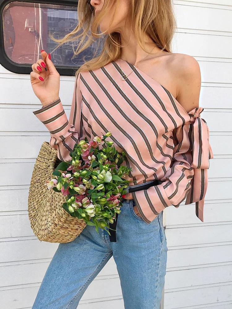 Long Sleeves One Shoulder Striped Shirts-STYLEGOING