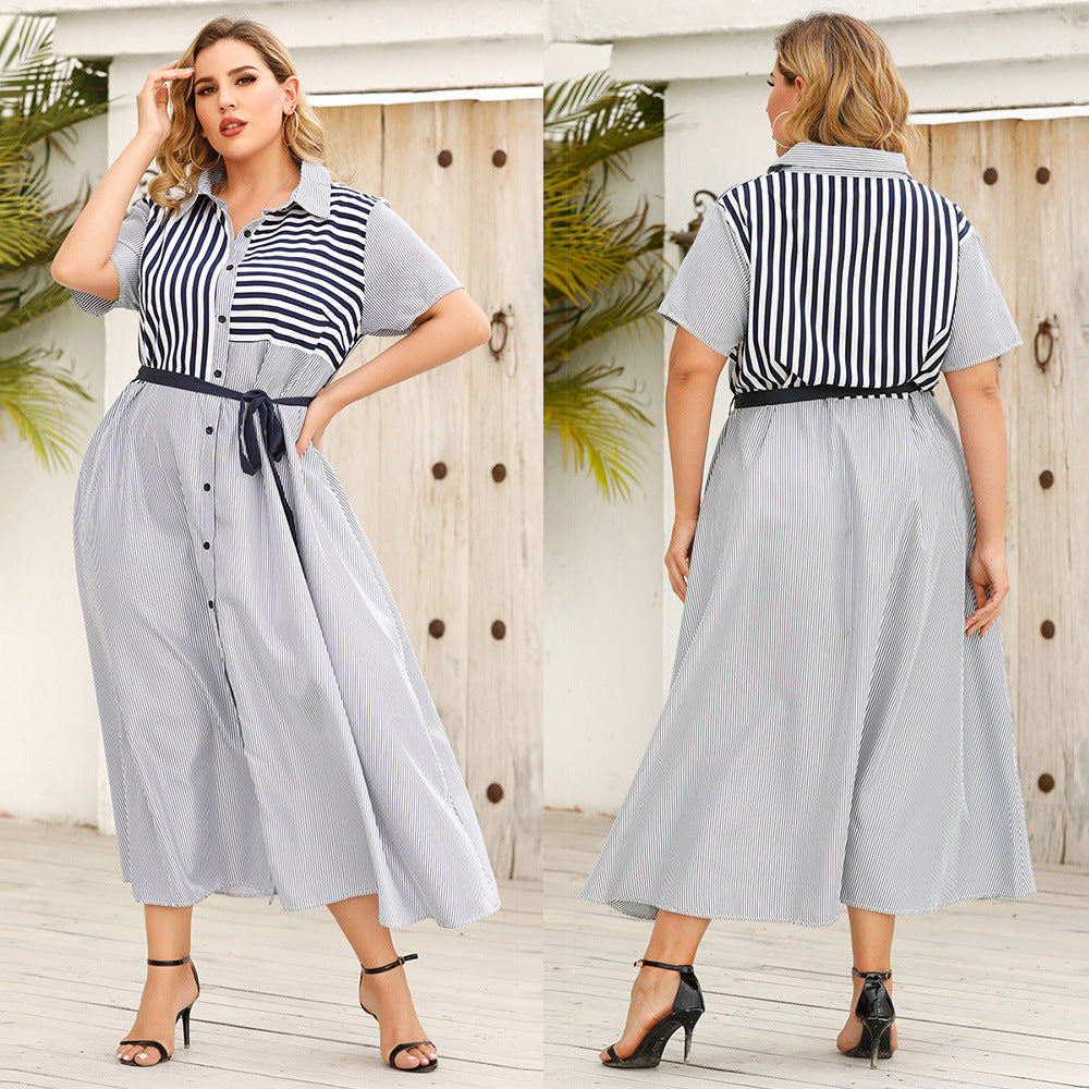 Summer Striped Short Sleeves Plus Sizes Women Shirts Dresses