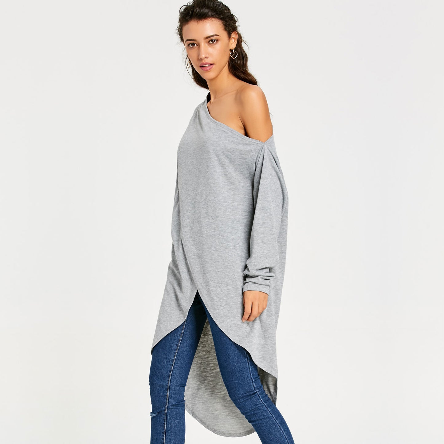 Casual Gray Irregular One Shoulder Long Sleeves Tops