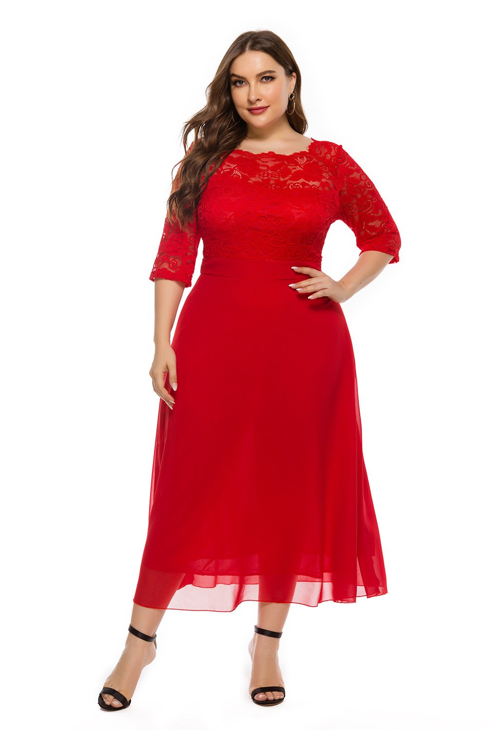 Red 3/4 Length Sleeves Lace Red Plus Size Dresses-STYLEGOING