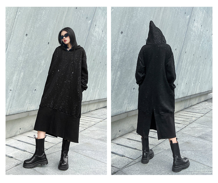 Black Velvet Long Sleeves Hoodies Cozy Dresses