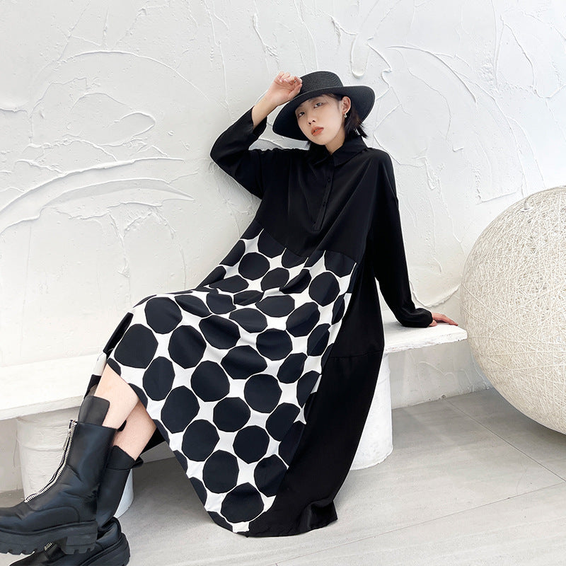 Vintage Dot Print Black Long Sleeves A Line Shirts Dresses