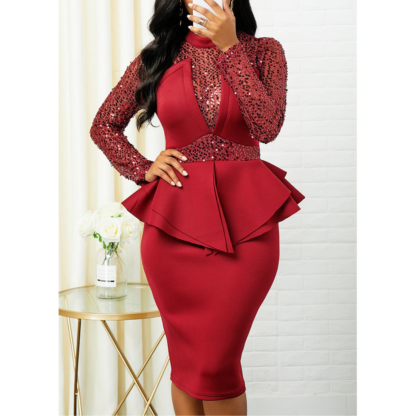 Sexy Bling High Waist Ruffled Office Lady Plus Sizes Party Dresses