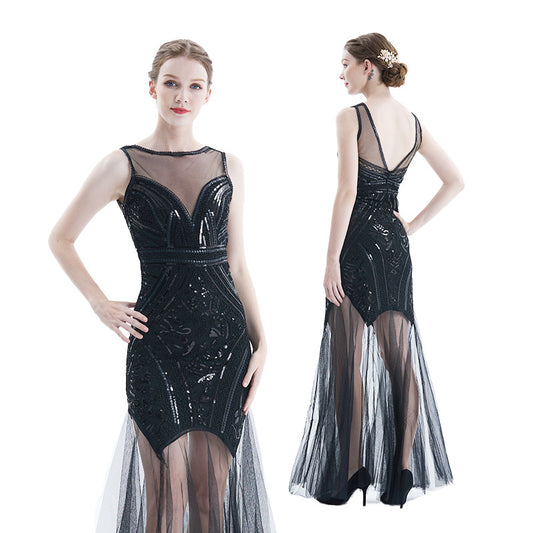 1920s Vintage Sequined Tulle Evening Party Long Dresses