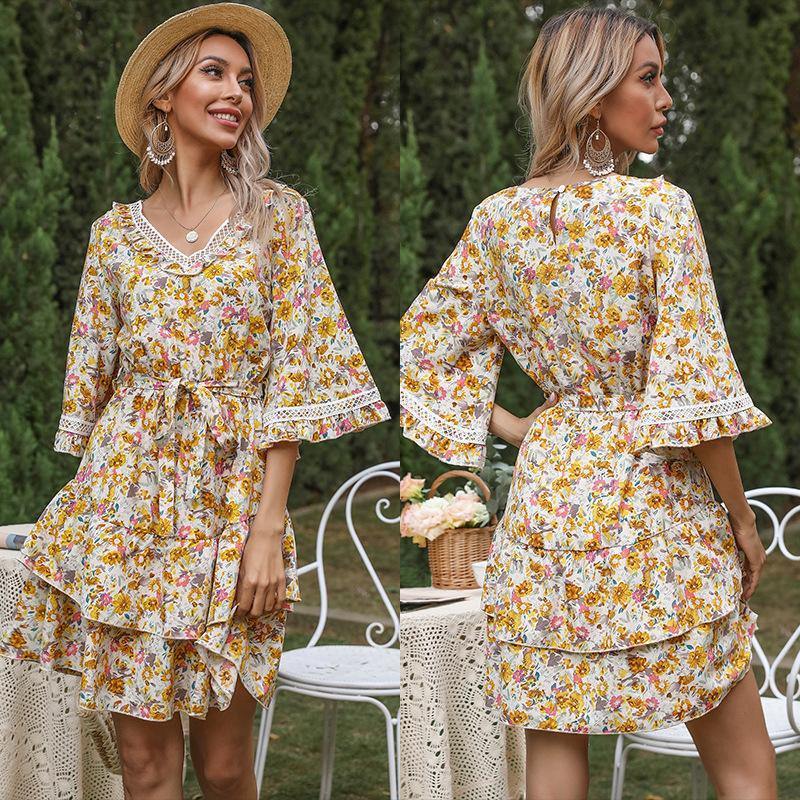 Summer Bell Sleeves Ruffled Short Dresses-STYLEGOING